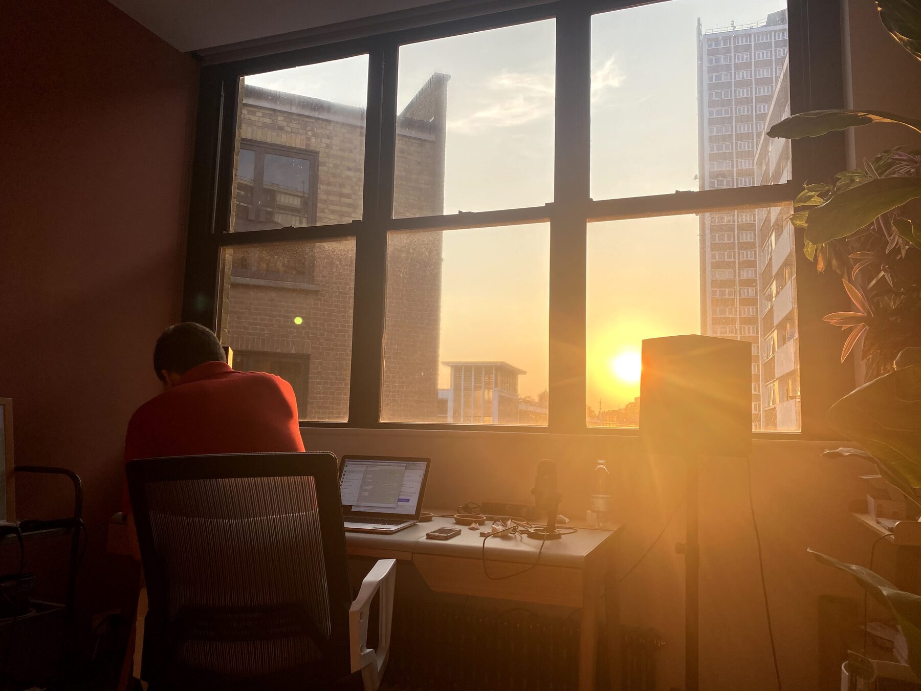 A person working at a laptop by a large window at sunset, city skyline beyond